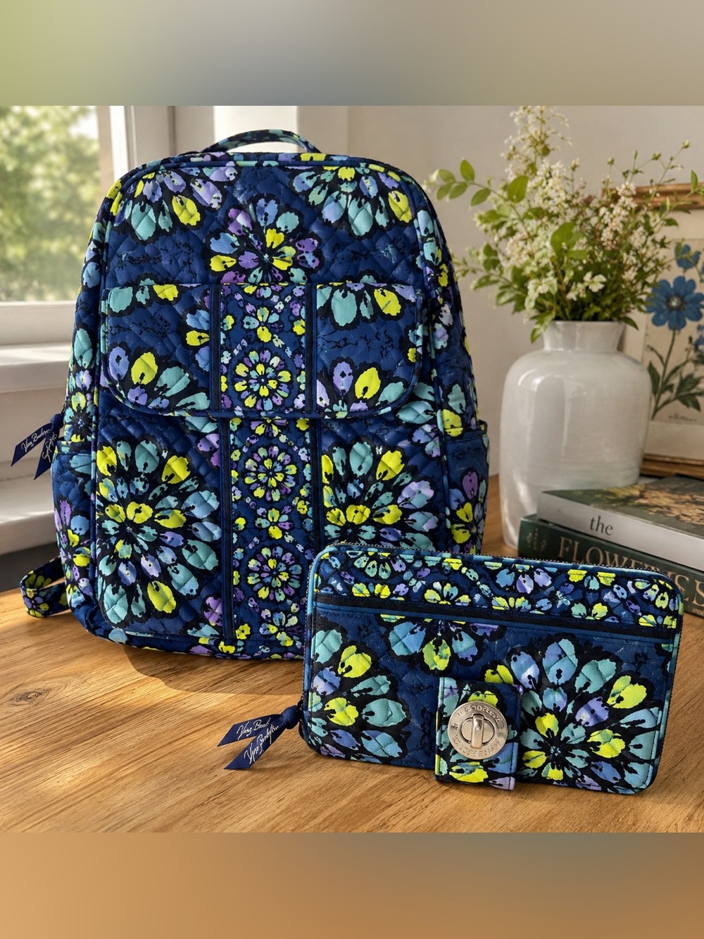 Vera Bradley Indigo Pop Backpack & Turn Lock Wallet Set